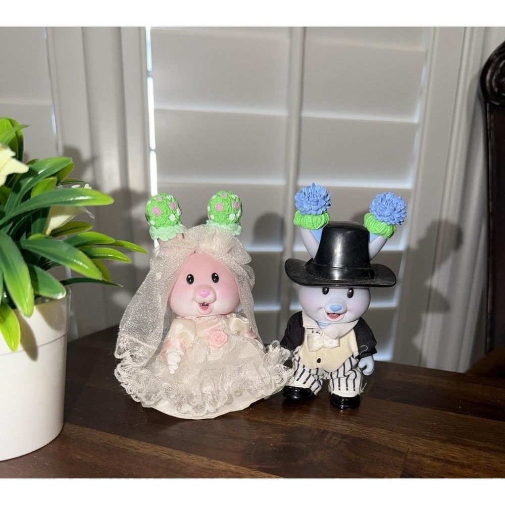 Vintage TEA BUNNIES Bride & Groom Wedding Party Bunny Dolls Pair